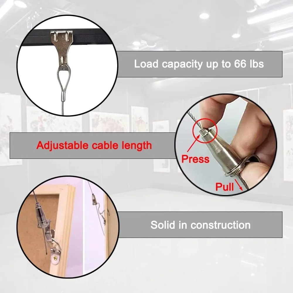 10 Pack Picture Rail Hanging System Picture Hanging Hardware Kit, 3.3 Ft Stainless Steel Wire Cable with Loop, Adjustable Photo Hooks for Wall Picture,Exhibition,Art Gallery Display, 66 lb Max Load