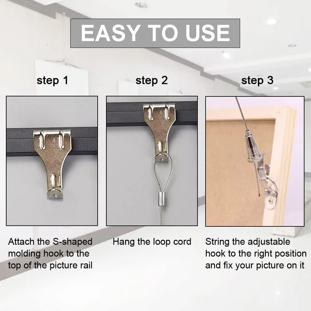 10 Pack Picture Rail Hanging System Picture Hanging Hardware Kit, 3.3 Ft Stainless Steel Wire Cable with Loop, Adjustable Photo Hooks for Wall Picture,Exhibition,Art Gallery Display, 66 lb Max Load