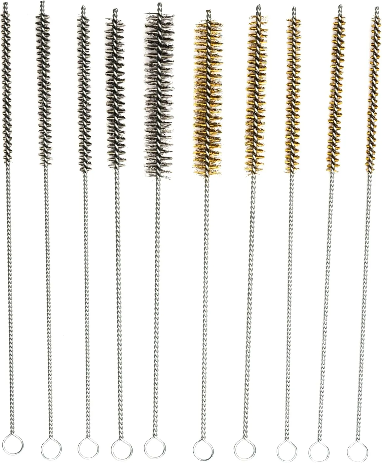 10-Piece Tube Cleaning Brush Kit | Brass Wire Bore Brushes & Stainless Steel Brushes 12" Long (1/4" to 3/4") for Tubes, Cylinders, and Narrow Spaces