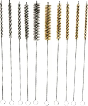 10-Piece Tube Cleaning Brush Kit | Brass Wire Bore Brushes & Stainless Steel Brushes 12" Long (1/4" to 3/4") for Tubes, Cylinders, and Narrow Spaces