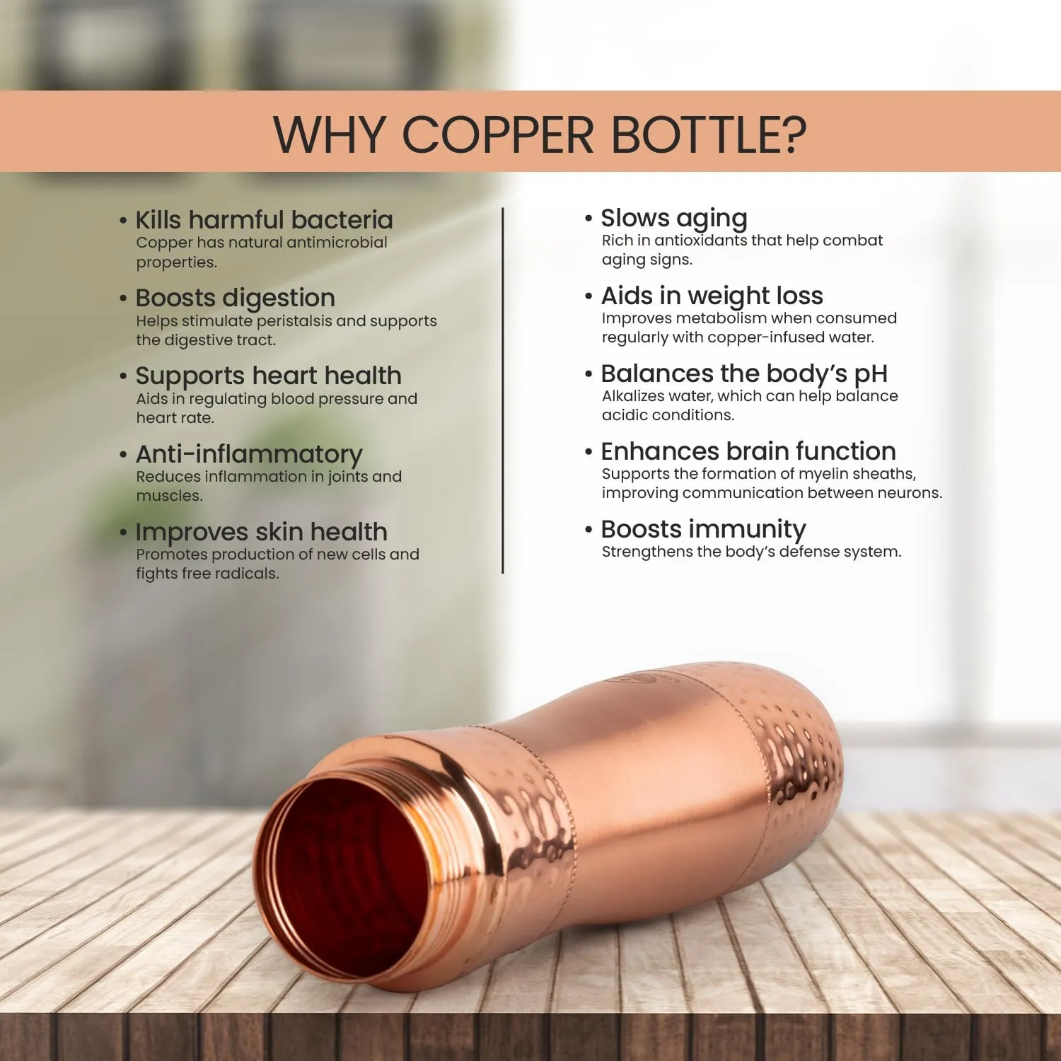 100% COPPER BOTTLE 34oz - Classic design with Smooth and Textured, a touch of elegance and health.