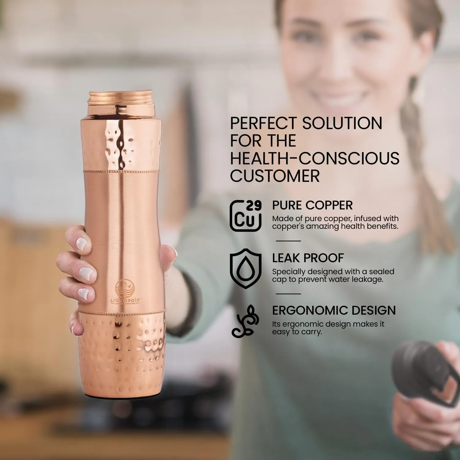 100% COPPER BOTTLE 34oz - Classic design with Smooth and Textured, a touch of elegance and health.