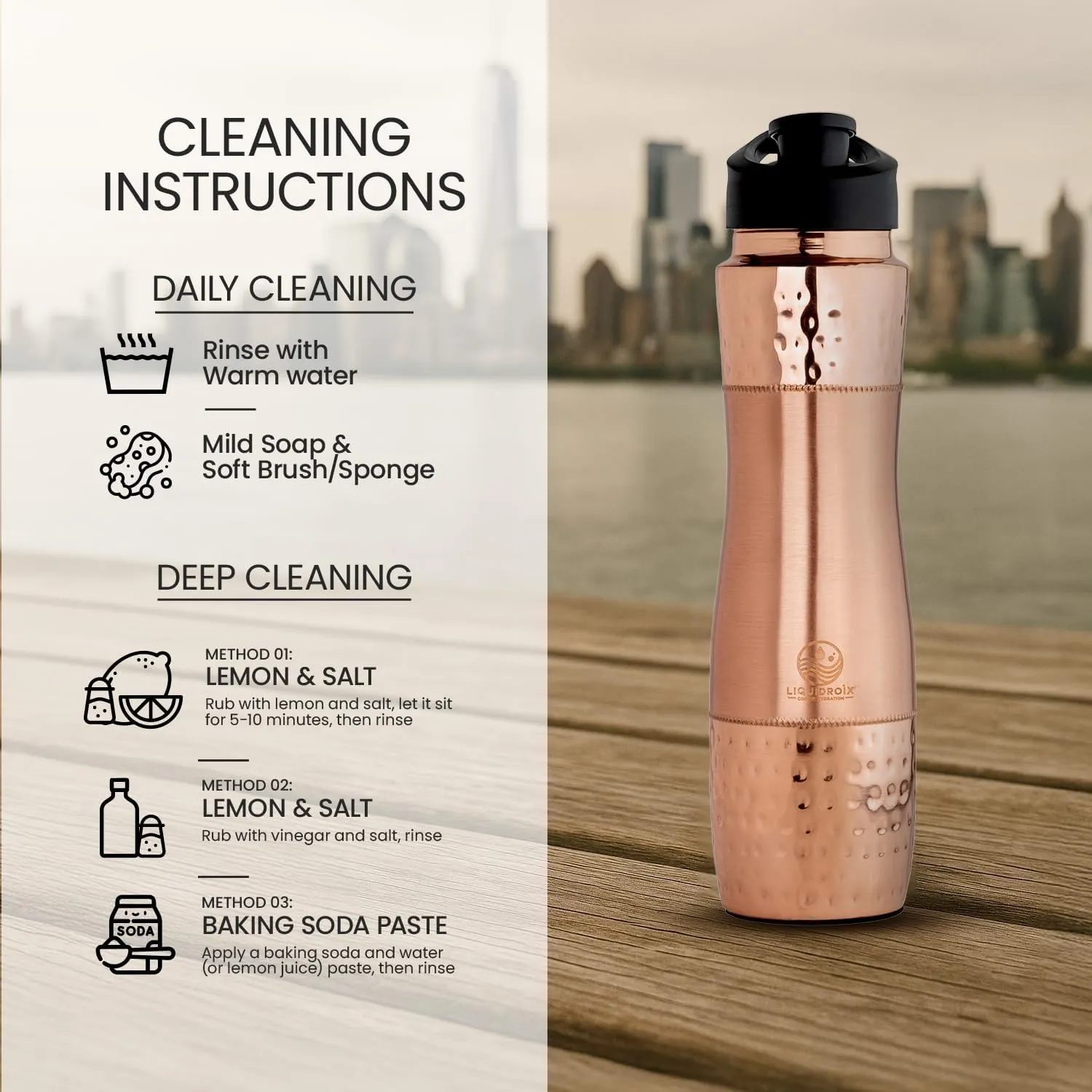 100% COPPER BOTTLE 34oz - Classic design with Smooth and Textured, a touch of elegance and health.