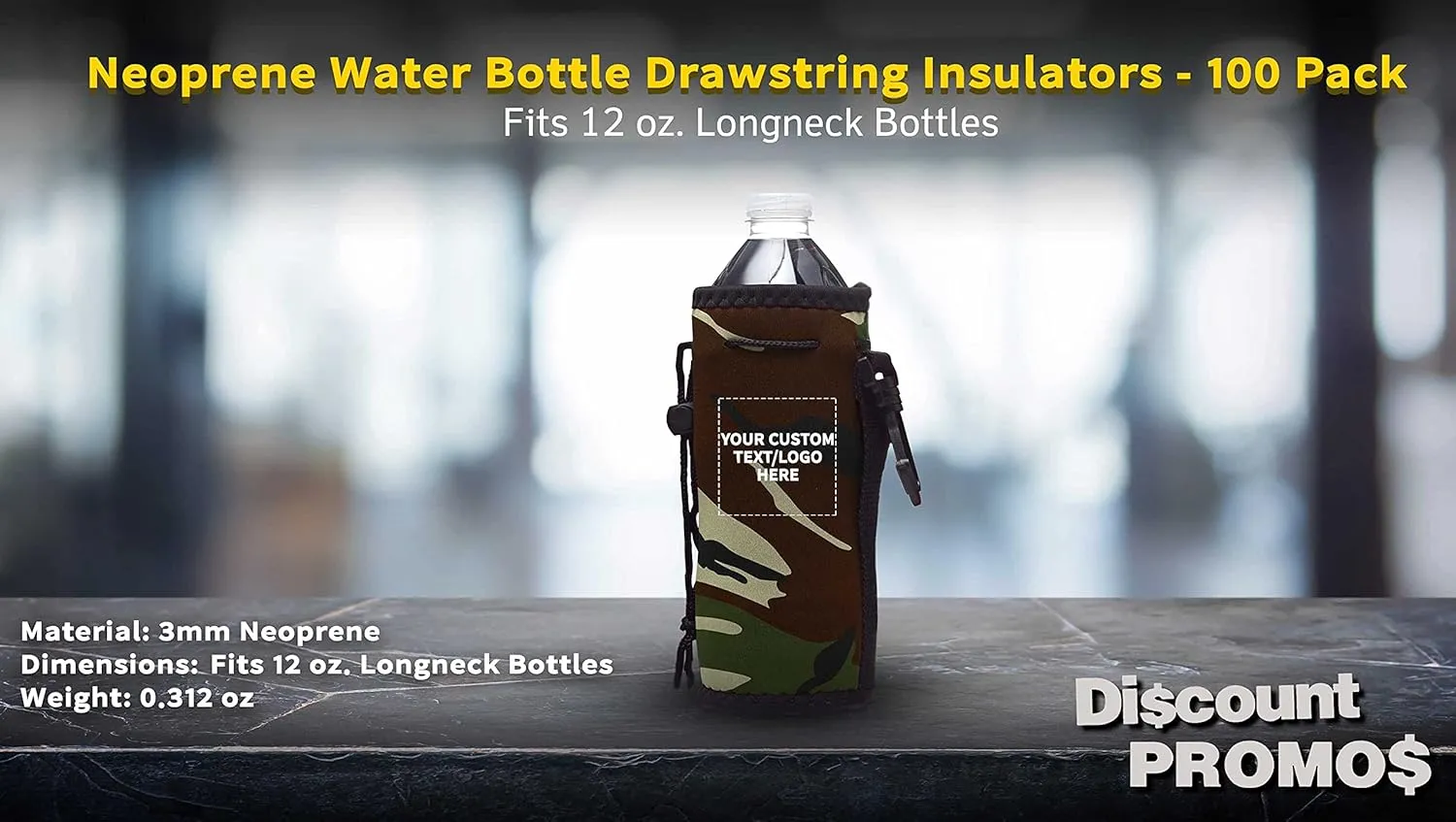 100 Neoprene Water Bottle Drawstring Insulators Pack - Customizable Text, Logo - 12 oz. Longneck, Hook - Camo1