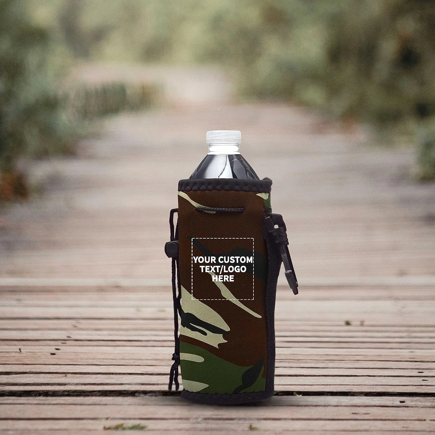 100 Neoprene Water Bottle Drawstring Insulators Pack - Customizable Text, Logo - 12 oz. Longneck, Hook - Camo1