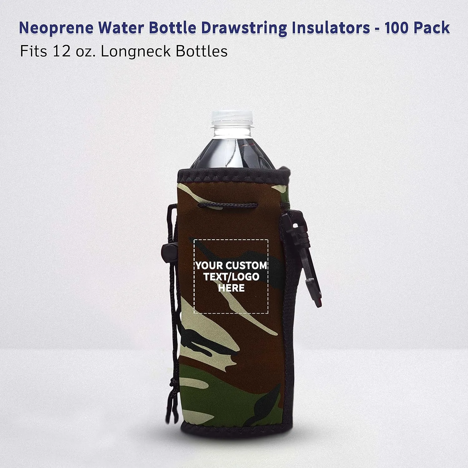 100 Neoprene Water Bottle Drawstring Insulators Pack - Customizable Text, Logo - 12 oz. Longneck, Hook - Camo1