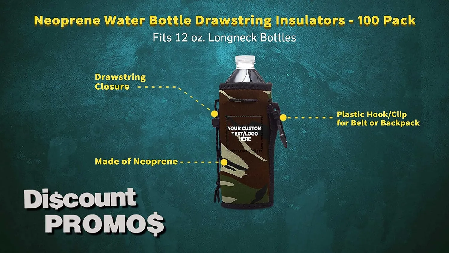 100 Neoprene Water Bottle Drawstring Insulators Pack - Customizable Text, Logo - 12 oz. Longneck, Hook - Camo1