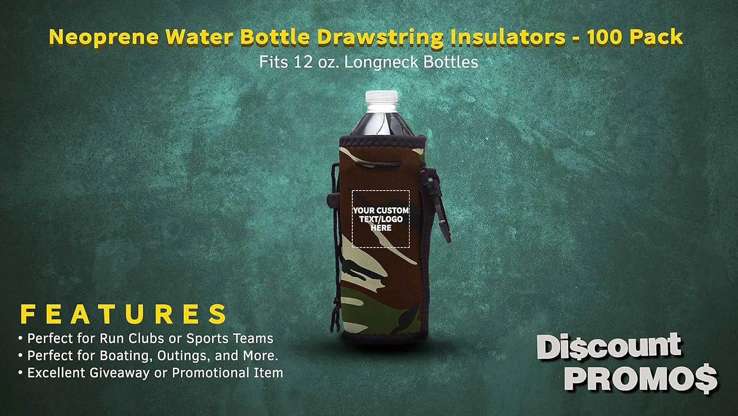 100 Neoprene Water Bottle Drawstring Insulators Pack - Customizable Text, Logo - 12 oz. Longneck, Hook - Camo1