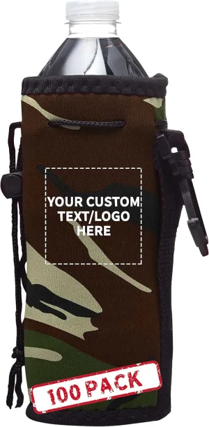 100 Neoprene Water Bottle Drawstring Insulators Pack - Customizable Text, Logo - 12 oz. Longneck, Hook - Camo1