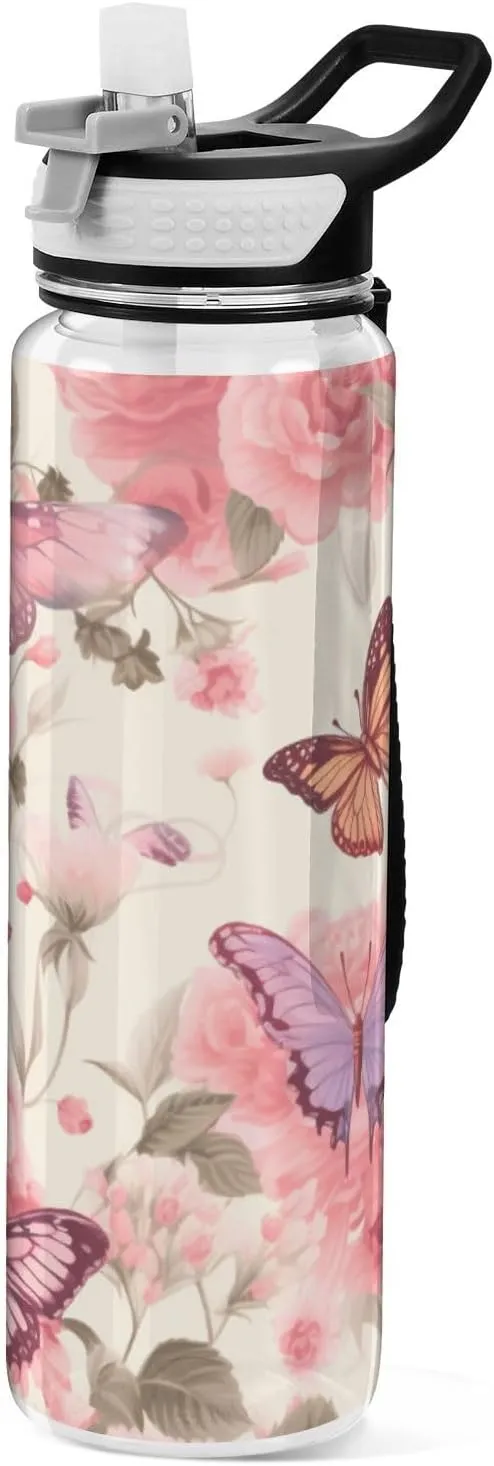 1000 ML Sports Water Bottle with Straw,Watercolor Pink Flower Butterfly Reusable Water Bottle Leak Proof,BPA Free,Tritan Drink Bottle with Straw for Office,School,Gym,Outdoor