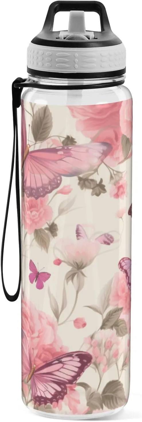 1000 ML Sports Water Bottle with Straw,Watercolor Pink Flower Butterfly Reusable Water Bottle Leak Proof,BPA Free,Tritan Drink Bottle with Straw for Office,School,Gym,Outdoor