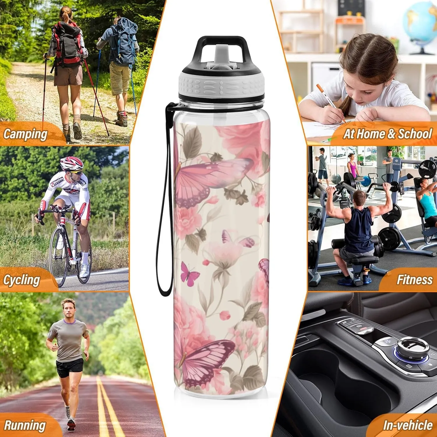 1000 ML Sports Water Bottle with Straw,Watercolor Pink Flower Butterfly Reusable Water Bottle Leak Proof,BPA Free,Tritan Drink Bottle with Straw for Office,School,Gym,Outdoor