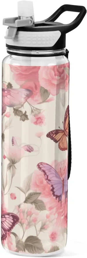 1000 ML Sports Water Bottle with Straw,Watercolor Pink Flower Butterfly Reusable Water Bottle Leak Proof,BPA Free,Tritan Drink Bottle with Straw for Office,School,Gym,Outdoor