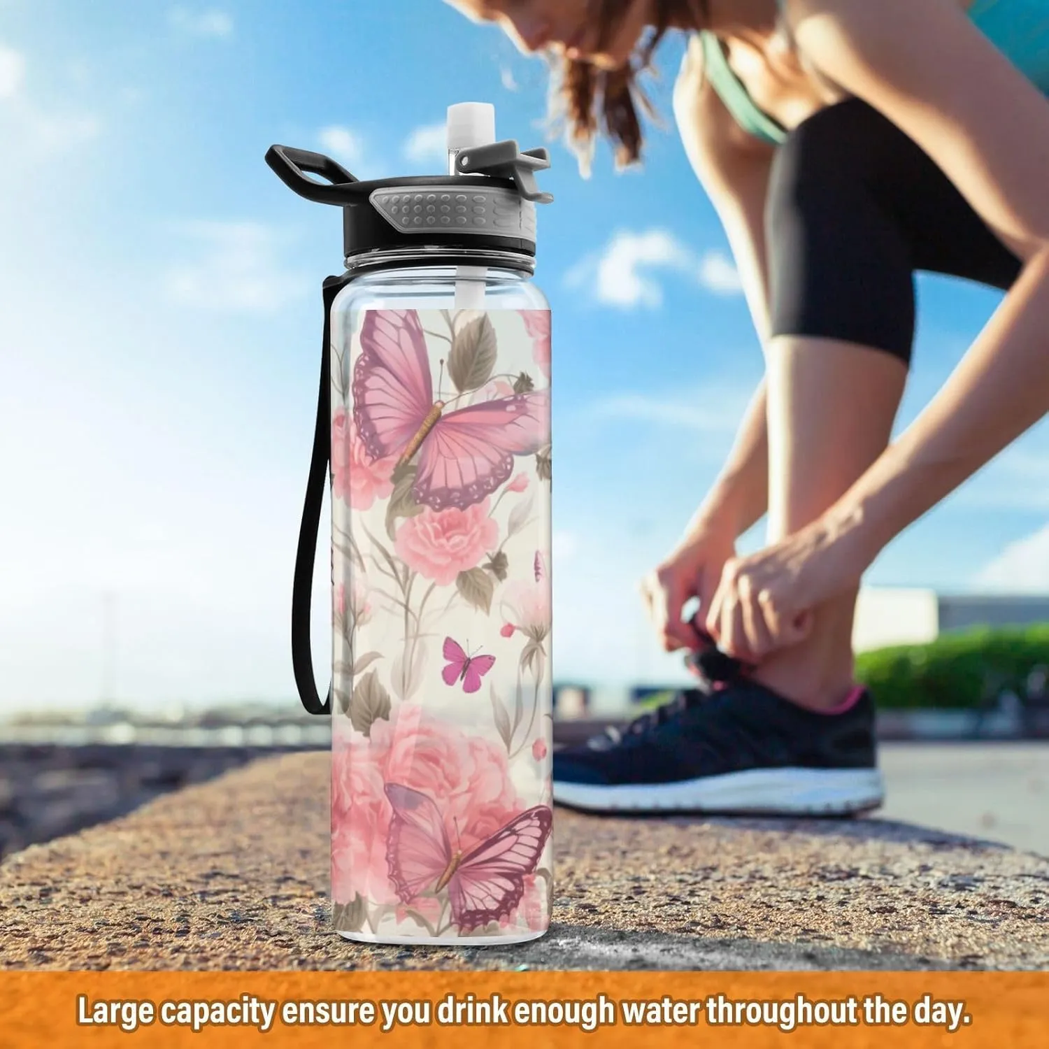 1000 ML Sports Water Bottle with Straw,Watercolor Pink Flower Butterfly Reusable Water Bottle Leak Proof,BPA Free,Tritan Drink Bottle with Straw for Office,School,Gym,Outdoor