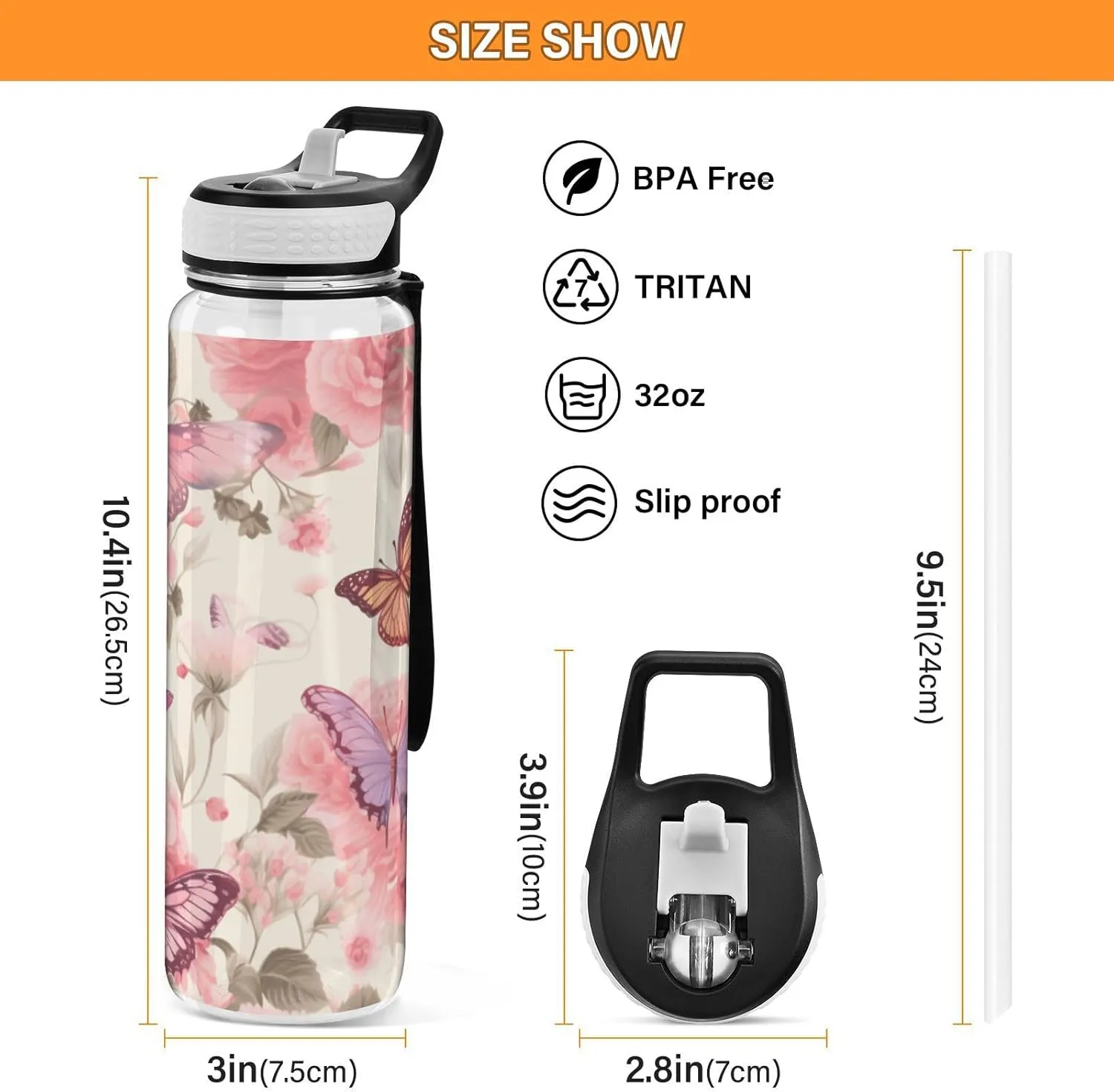 1000 ML Sports Water Bottle with Straw,Watercolor Pink Flower Butterfly Reusable Water Bottle Leak Proof,BPA Free,Tritan Drink Bottle with Straw for Office,School,Gym,Outdoor