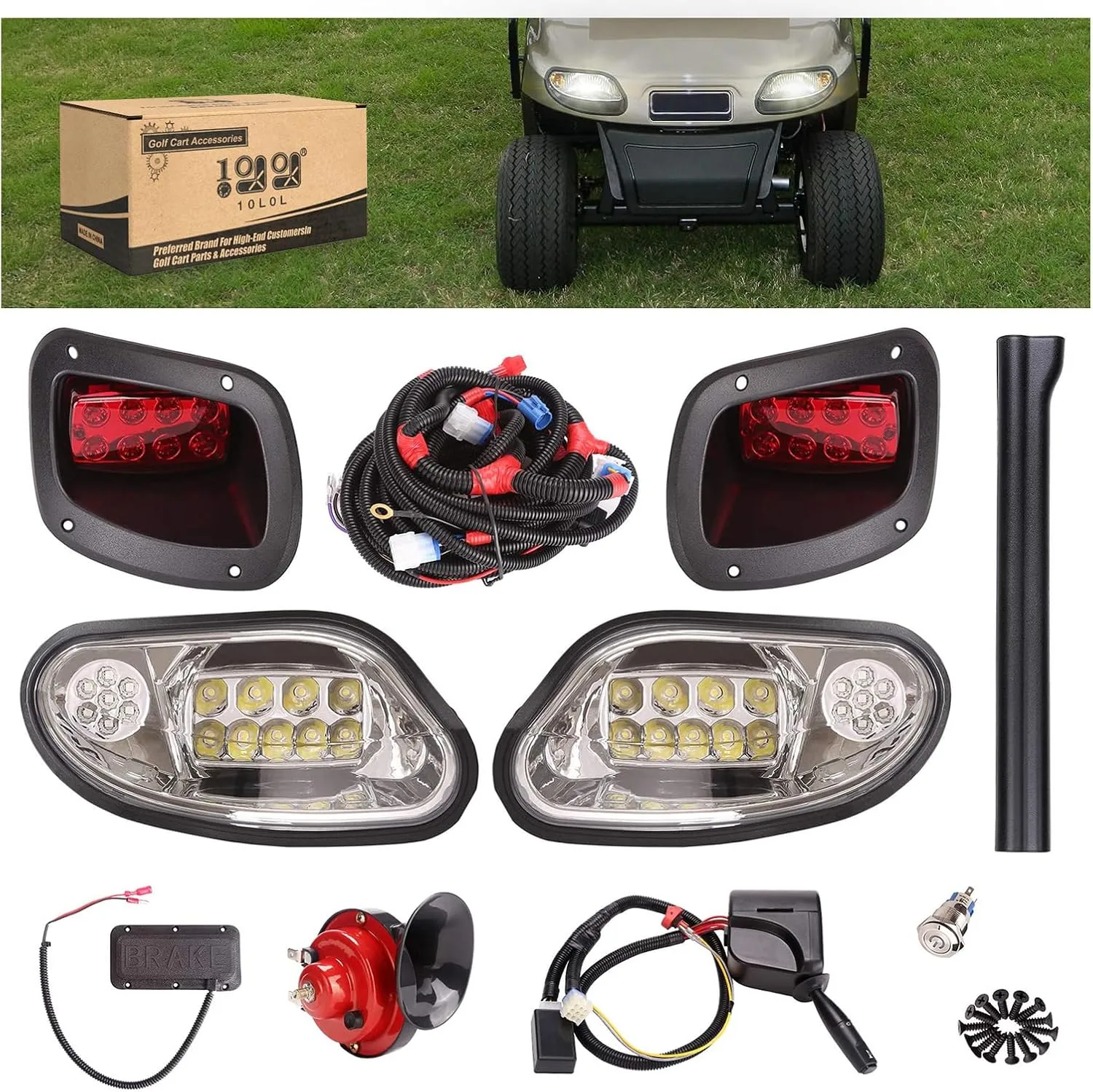 10L0L Golf Cart Deluxe Headlight &Taillight Kit for 2014 Up EZGO Freedom/TXT T48/ EZGO Valor Gas & Electric with Light Upgrade Kit with Turn Signals Switch/Horn/Brake Lights Harness (12V Input)