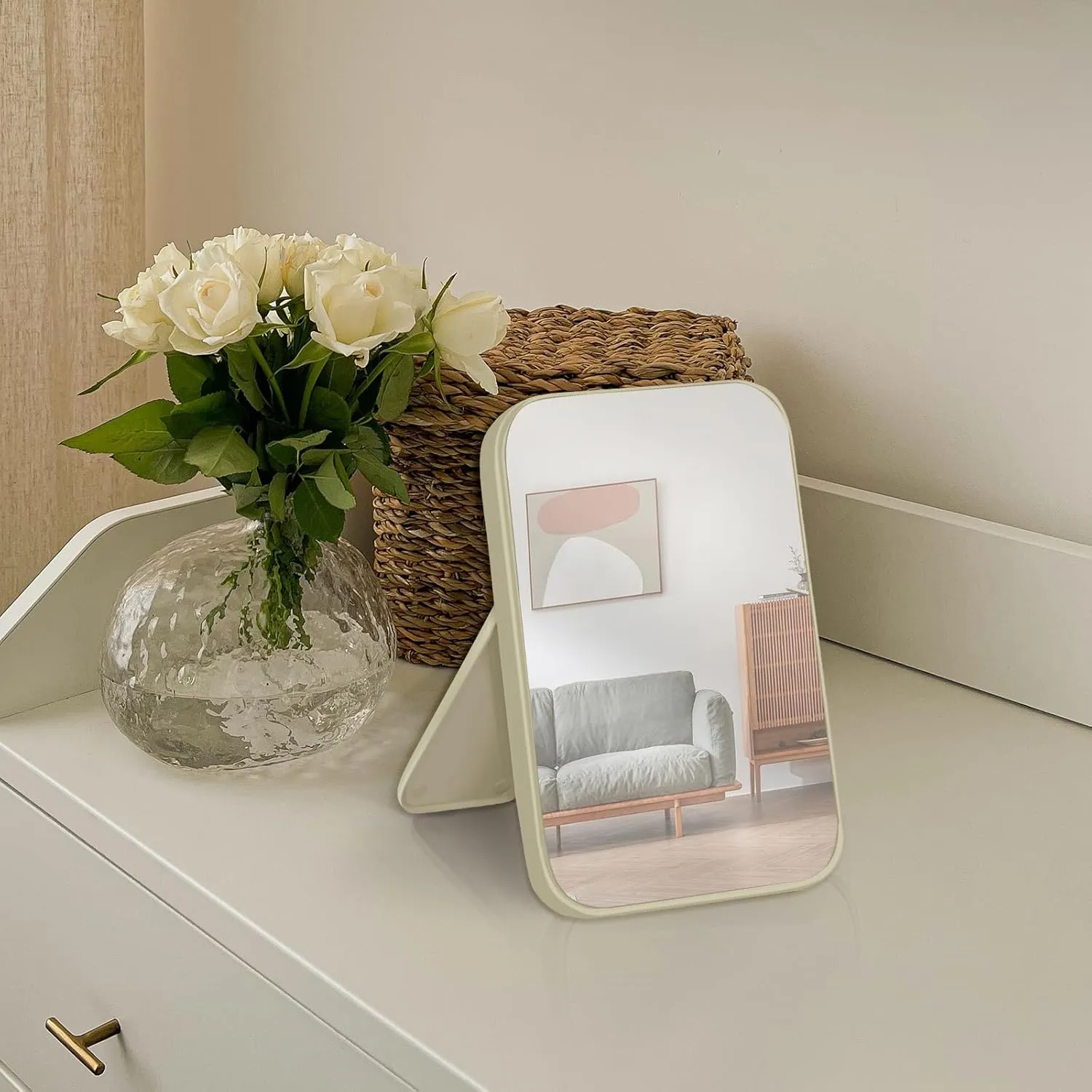 10Pcs Table Desk Vanity Makeup Mirror, 8-Inch Simple Portable Travel Mirror with Stand, Standing and Wall Hanging Dual-use Beige
