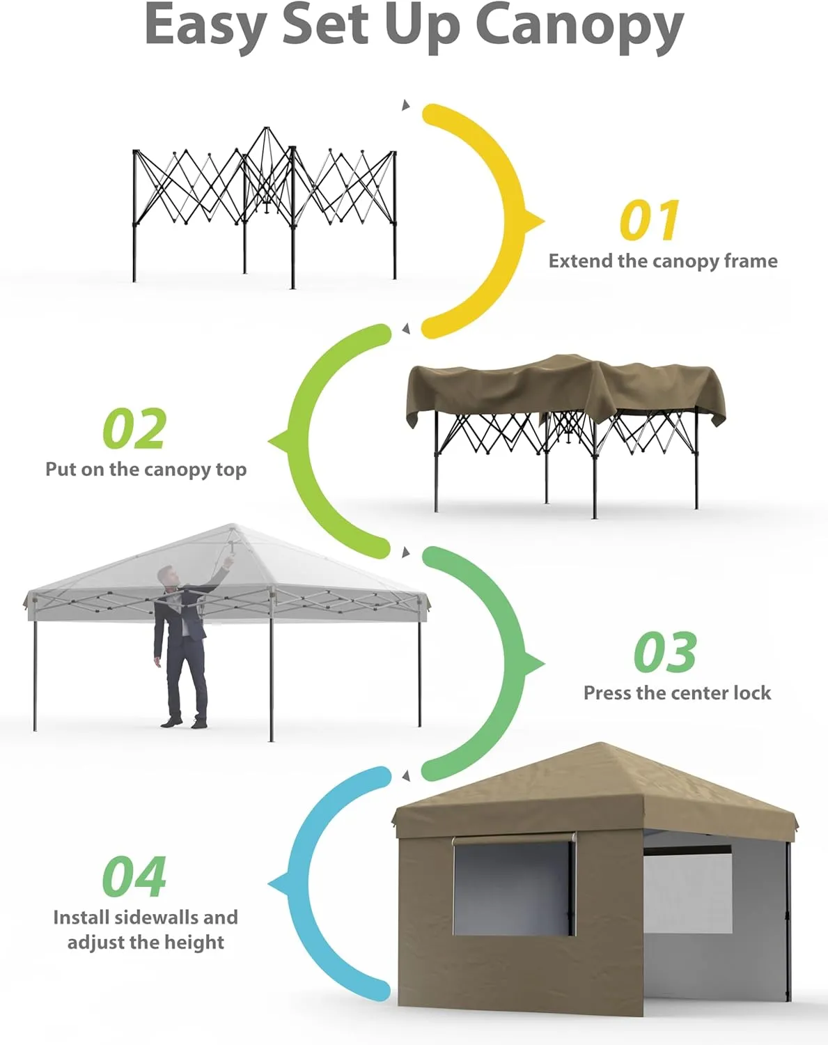 10'x10' Pop Up Canopy – Waterproof & UV-Resistant Outdoor Canopy with Center Lock and 4 Sidewalls, for Picnics, Camping, Beach Tent, and Outdoor Gatherings,Khaki