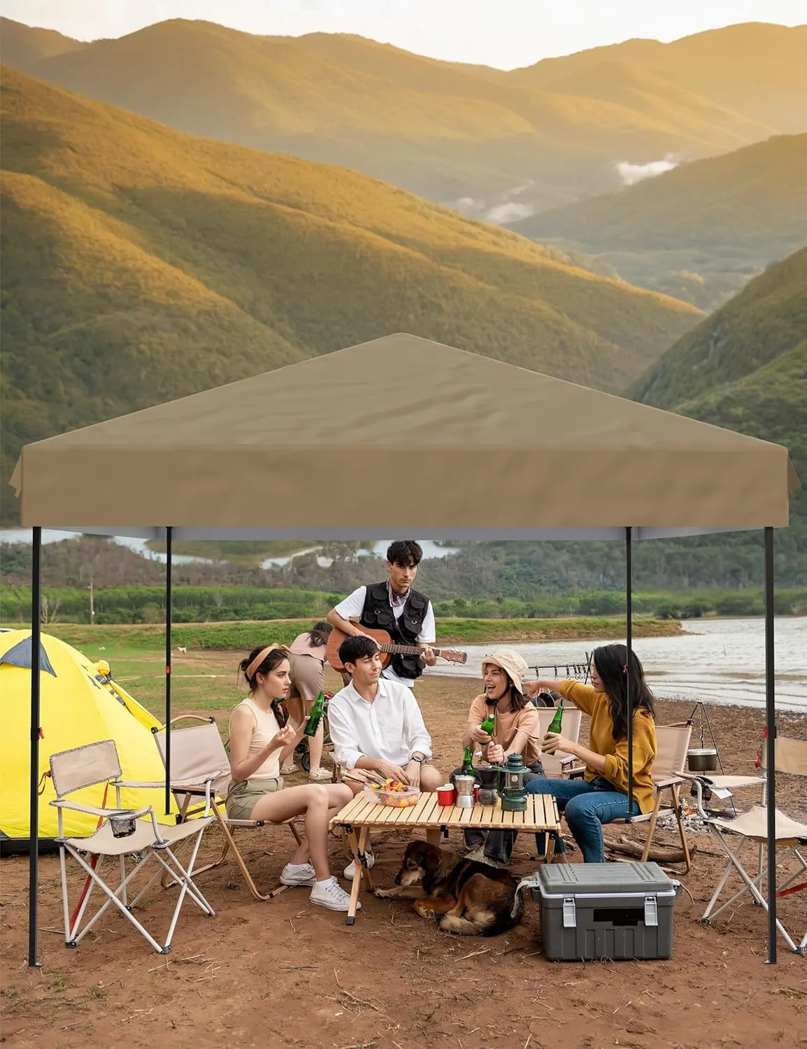 10'x10' Pop Up Canopy – Waterproof & UV-Resistant Outdoor Canopy with Center Lock and 4 Sidewalls, for Picnics, Camping, Beach Tent, and Outdoor Gatherings,Khaki