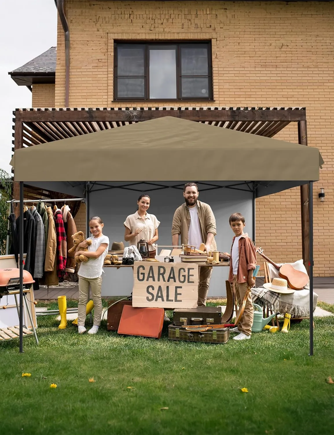 10'x10' Pop Up Canopy – Waterproof & UV-Resistant Outdoor Canopy with Center Lock and 4 Sidewalls, for Picnics, Camping, Beach Tent, and Outdoor Gatherings,Khaki