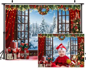 10x8ft Christmas Window Backdrop - Winter Forest Ice & Snow World Background - White Xmas Trees - Kids & Baby Shower Decorations