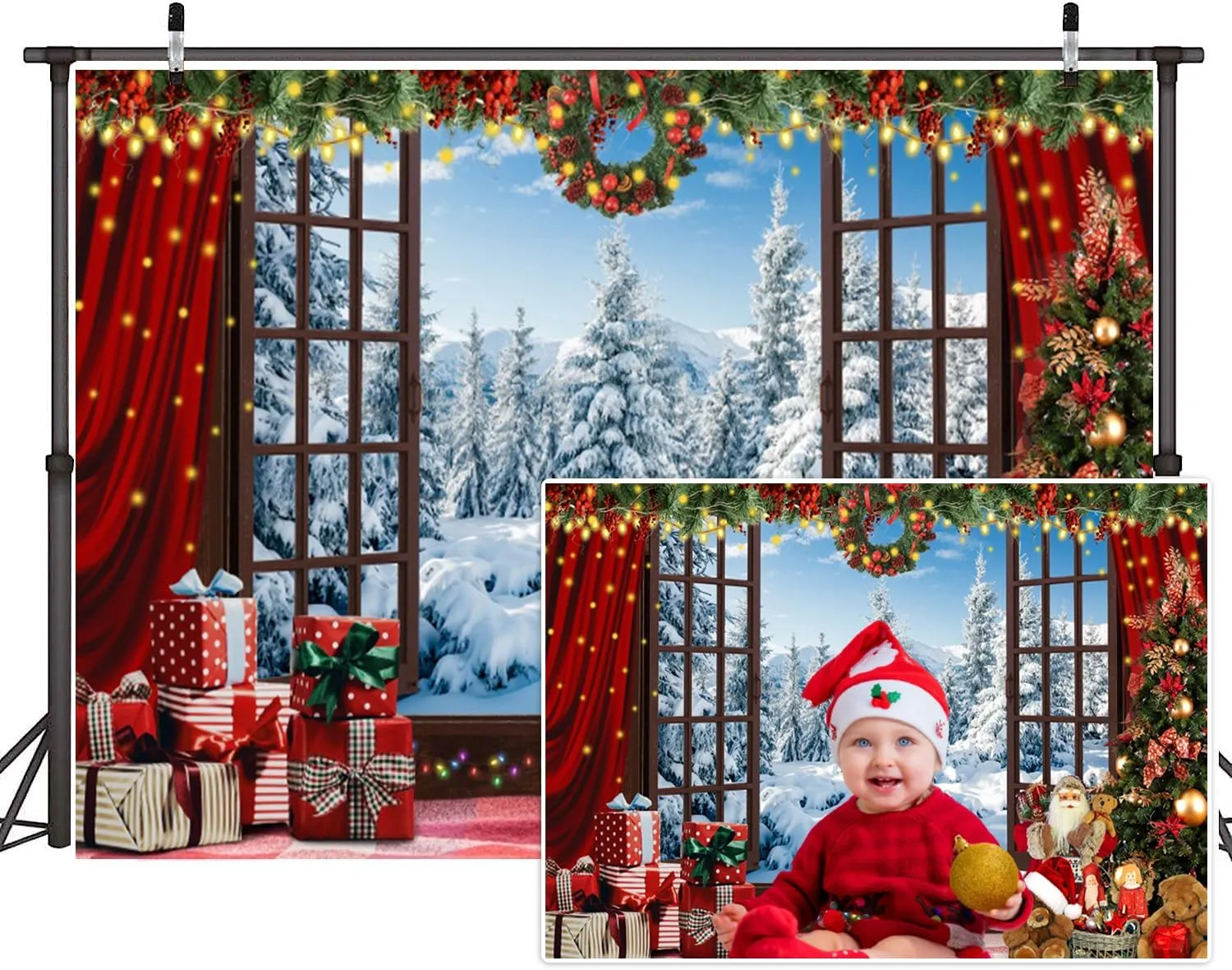 10x8ft Christmas Window Backdrop - Winter Forest Ice & Snow World Background - White Xmas Trees - Kids & Baby Shower Decorations