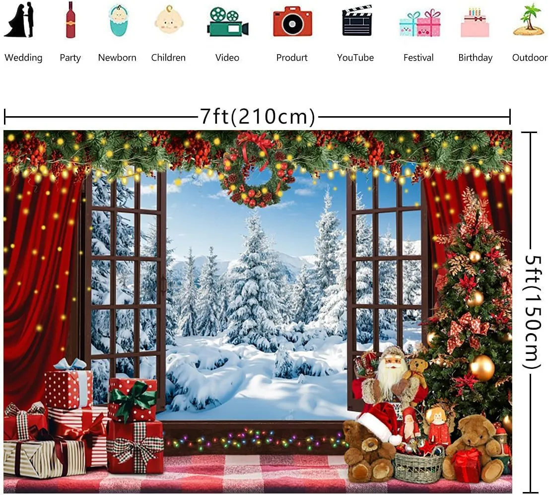 10x8ft Christmas Window Backdrop - Winter Forest Ice & Snow World Background - White Xmas Trees - Kids & Baby Shower Decorations