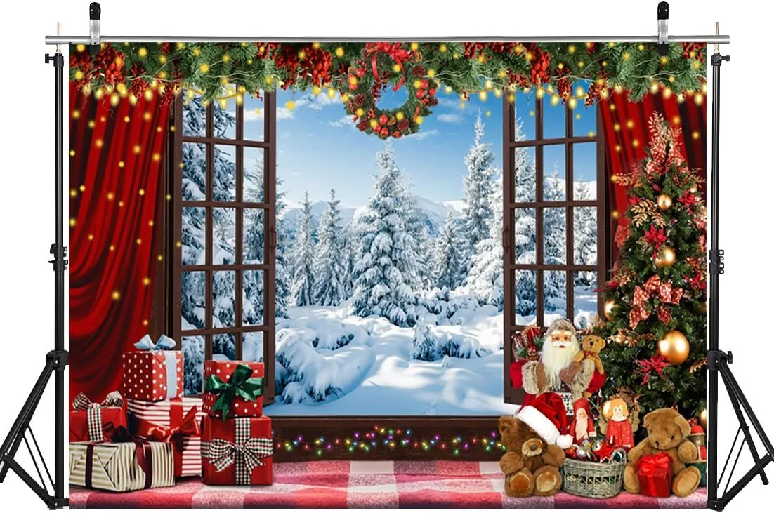 10x8ft Christmas Window Backdrop - Winter Forest Ice & Snow World Background - White Xmas Trees - Kids & Baby Shower Decorations