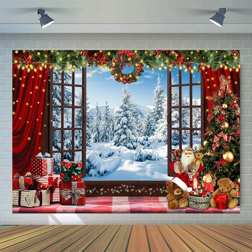 10x8ft Christmas Window Backdrop - Winter Forest Ice & Snow World Background - White Xmas Trees - Kids & Baby Shower Decorations