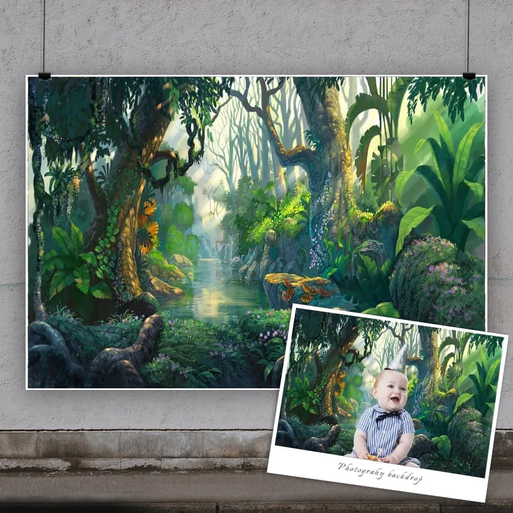 10x8ft Fairy Tales Backdrop Fantasy Jungle Tropical Virgin Forest Sunlight Photography Background Spring Misty Wonderland Trees for Camping Church's VBS Jungle Themed Birthday Party Decor
