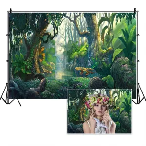 10x8ft Fairy Tales Backdrop Fantasy Jungle Tropical Virgin Forest Sunlight Photography Background Spring Misty Wonderland Trees for Camping Church's VBS Jungle Themed Birthday Party Decor