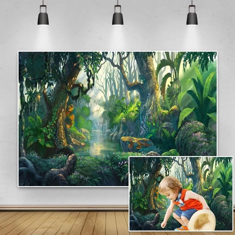 10x8ft Fairy Tales Backdrop Fantasy Jungle Tropical Virgin Forest Sunlight Photography Background Spring Misty Wonderland Trees for Camping Church's VBS Jungle Themed Birthday Party Decor