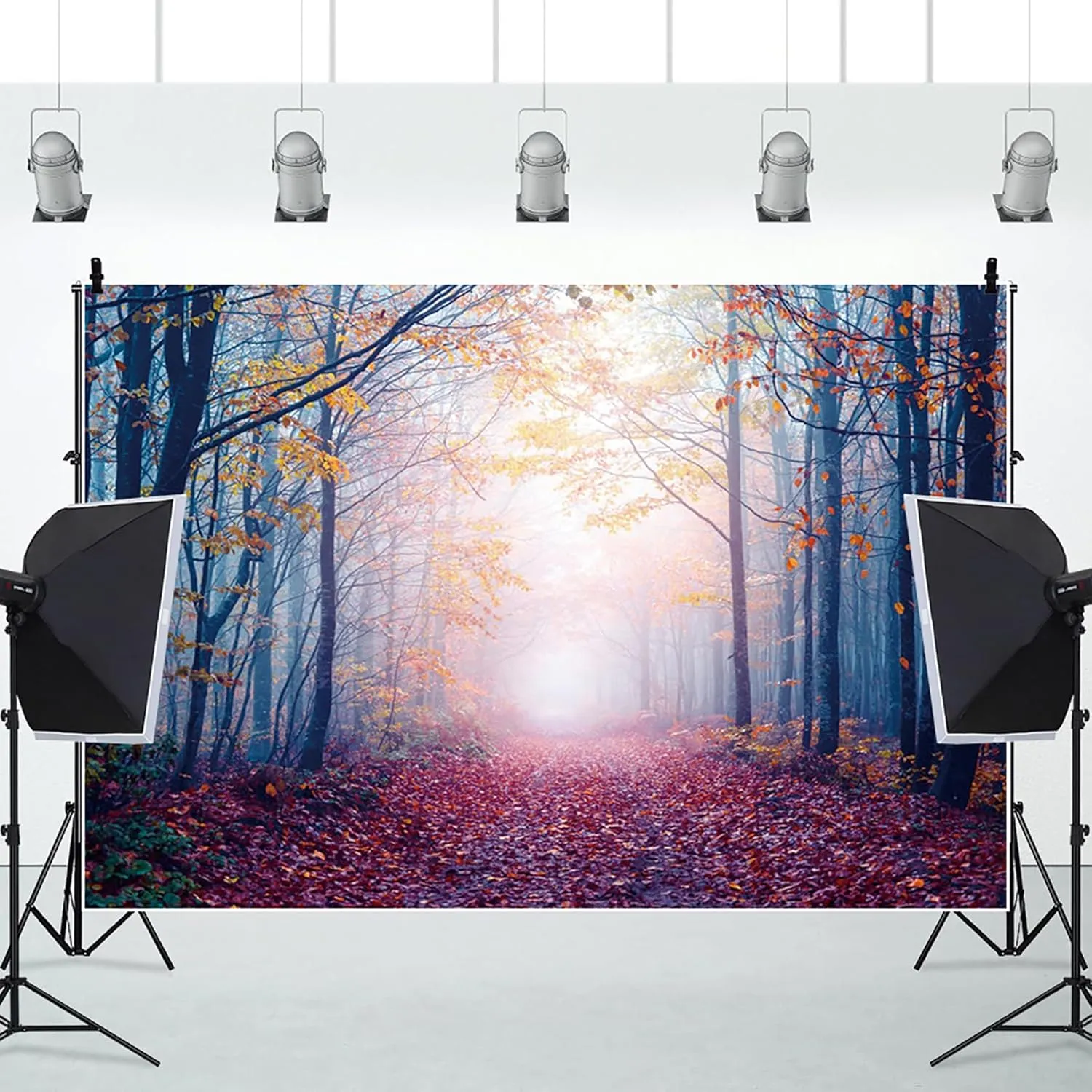 10x8ft Fall Misty Forest Photo Backdrop Wonderland Morning Mountain Pathway Maple Trees Red Leaves Twlilight Autumn Natural Landscape Photography Background Room Wallpaper Photo Studio Props