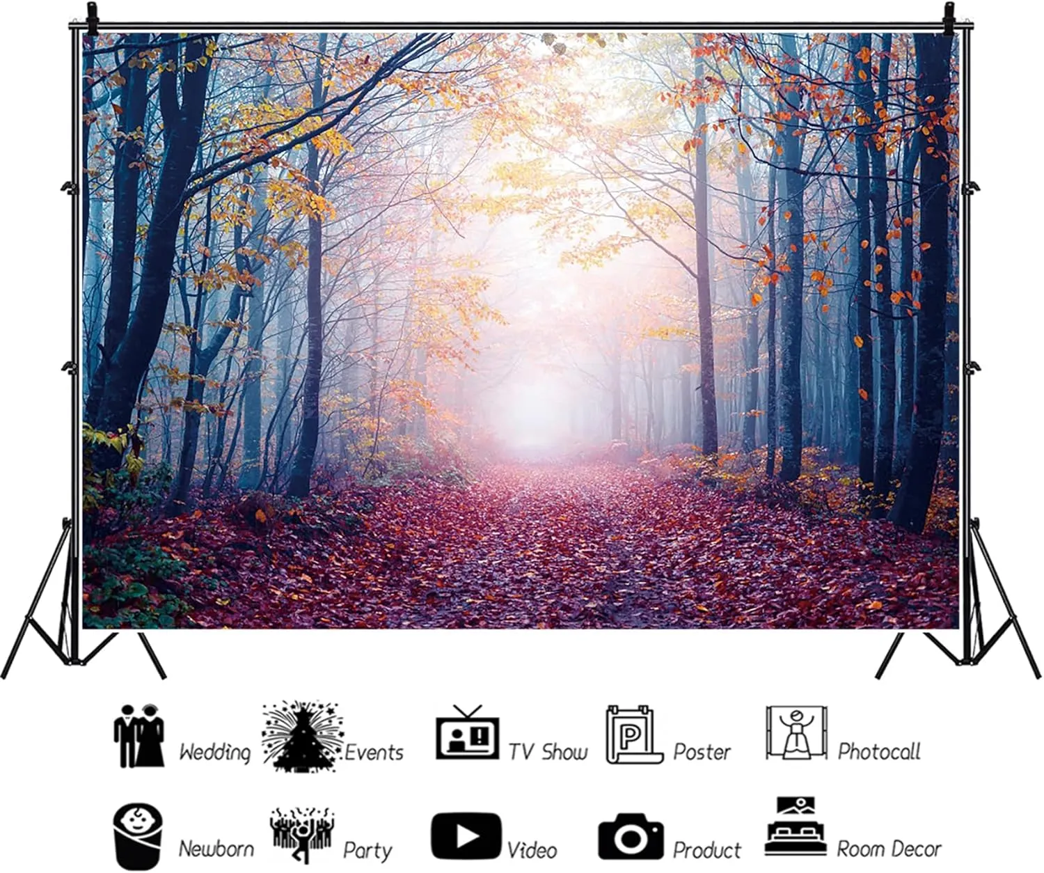 10x8ft Fall Misty Forest Photo Backdrop Wonderland Morning Mountain Pathway Maple Trees Red Leaves Twlilight Autumn Natural Landscape Photography Background Room Wallpaper Photo Studio Props