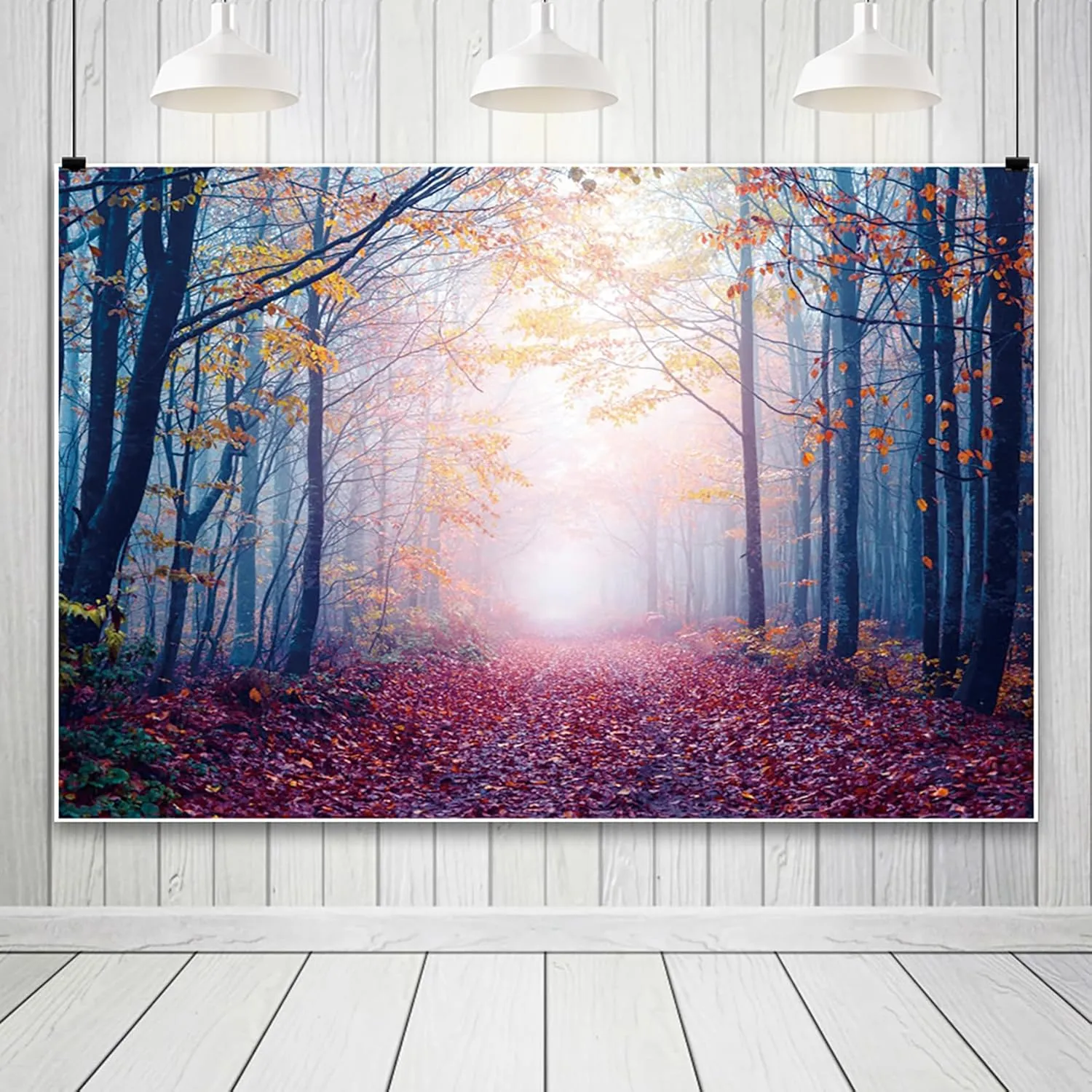 10x8ft Fall Misty Forest Photo Backdrop Wonderland Morning Mountain Pathway Maple Trees Red Leaves Twlilight Autumn Natural Landscape Photography Background Room Wallpaper Photo Studio Props