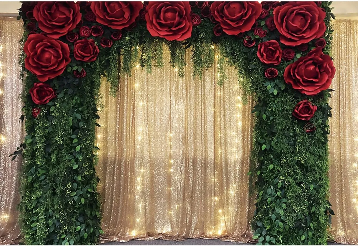 10x8ft Gold Sequin Backdrop Red Rose Green Tree Vine Decoration Backdrop for Wedding Birthday Anniversary Engagement Baby Shower Event Decor Banner