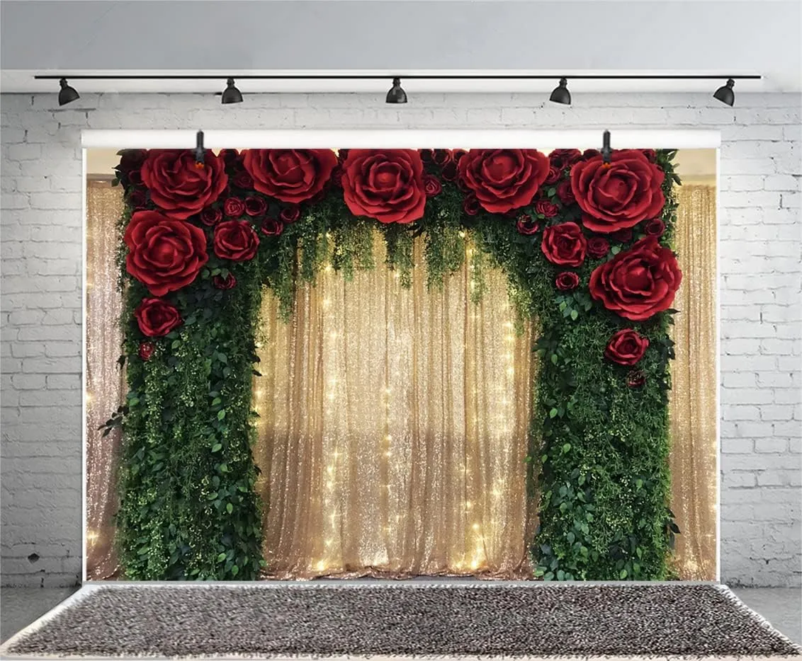 10x8ft Gold Sequin Backdrop Red Rose Green Tree Vine Decoration Backdrop for Wedding Birthday Anniversary Engagement Baby Shower Event Decor Banner