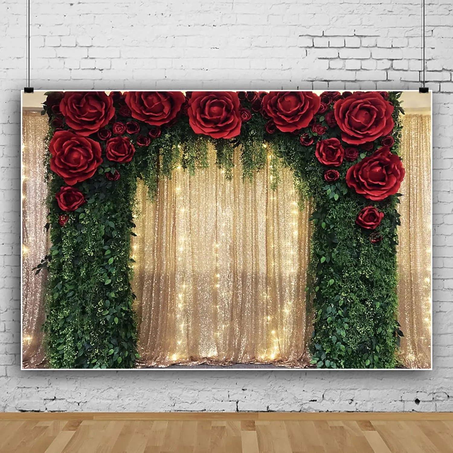 10x8ft Gold Sequin Backdrop Red Rose Green Tree Vine Decoration Backdrop for Wedding Birthday Anniversary Engagement Baby Shower Event Decor Banner