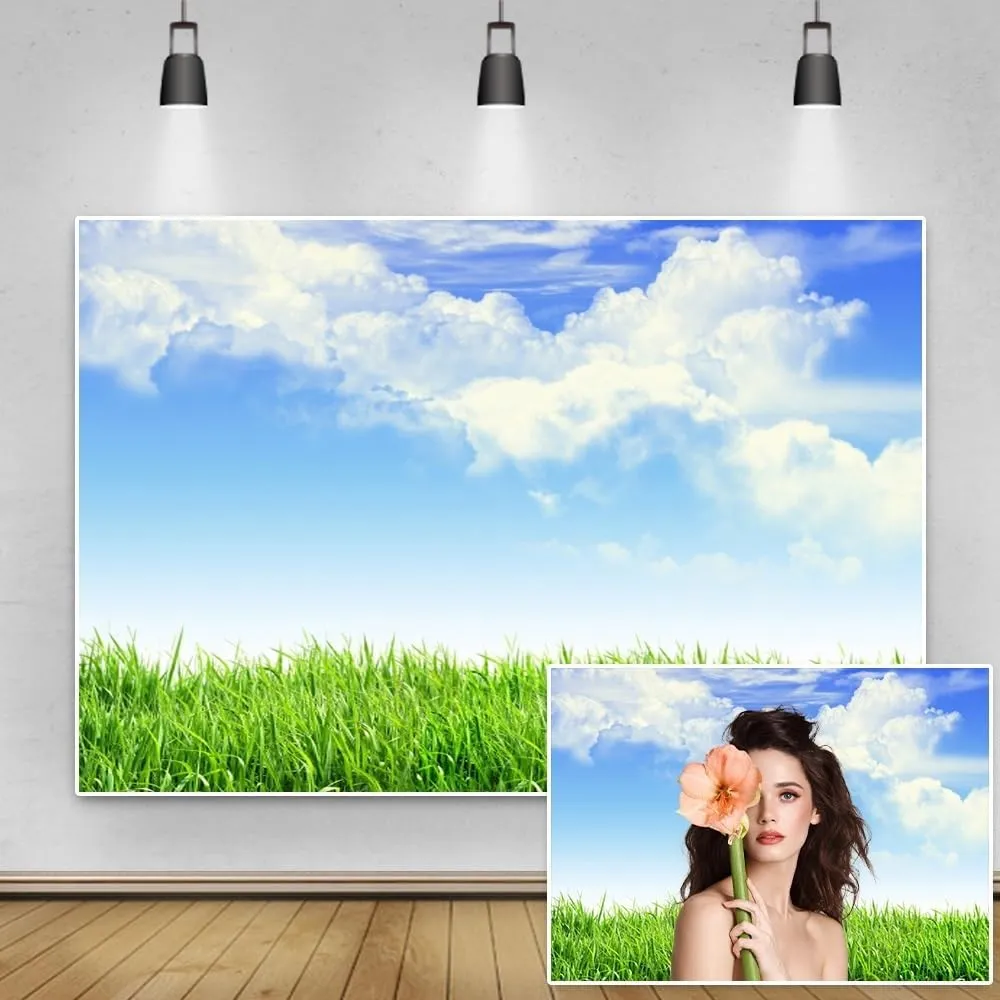 10x8ft Green Grassland Backdrop Spring Meadow Blue Sky White Cloud Natural Scenry Photography Background for Outdoor Activity Picnic VBS Party Decor Portrait Photo Studio Props Wallpaper