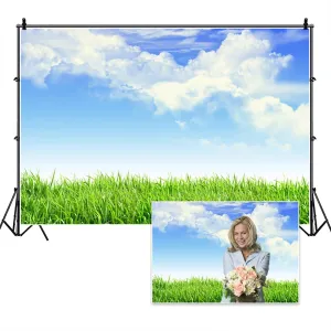 10x8ft Green Grassland Backdrop Spring Meadow Blue Sky White Cloud Natural Scenry Photography Background for Outdoor Activity Picnic VBS Party Decor Portrait Photo Studio Props Wallpaper