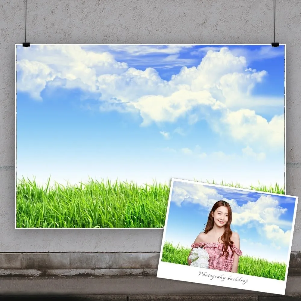 10x8ft Green Grassland Backdrop Spring Meadow Blue Sky White Cloud Natural Scenry Photography Background for Outdoor Activity Picnic VBS Party Decor Portrait Photo Studio Props Wallpaper