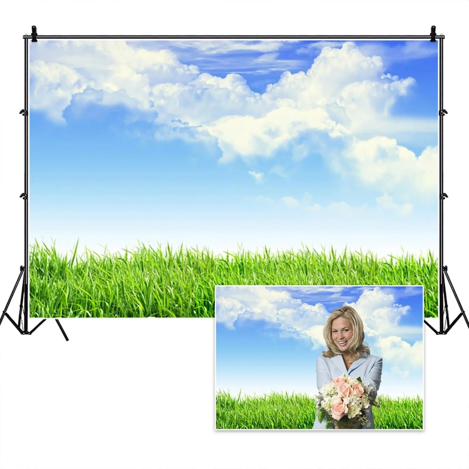 10x8ft Green Grassland Backdrop Spring Meadow Blue Sky White Cloud Natural Scenry Photography Background for Outdoor Activity Picnic VBS Party Decor Portrait Photo Studio Props Wallpaper