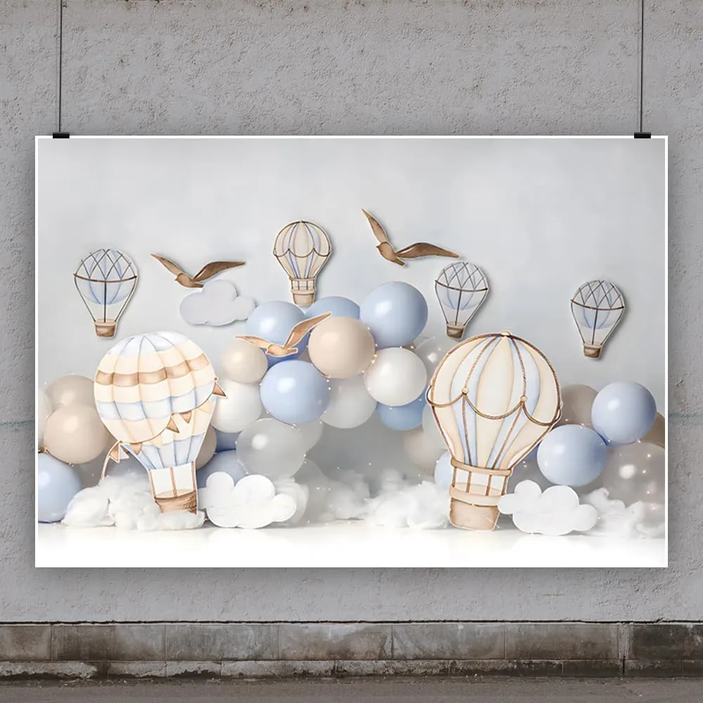 10x8ft Hot Air Balloons Backdrop Cartoon White Clouds Balloons Adventure Baby Shower Photography Background Boys Girls World Trip Birthday Party Decoration Cake Table Banner Photo Booth Prop