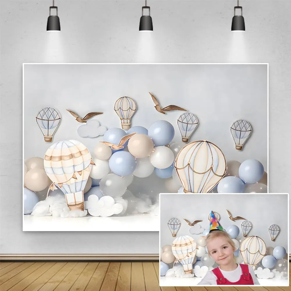 10x8ft Hot Air Balloons Backdrop Cartoon White Clouds Balloons Adventure Baby Shower Photography Background Boys Girls World Trip Birthday Party Decoration Cake Table Banner Photo Booth Prop