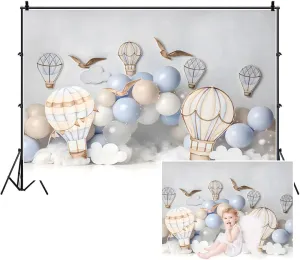 10x8ft Hot Air Balloons Backdrop Cartoon White Clouds Balloons Adventure Baby Shower Photography Background Boys Girls World Trip Birthday Party Decoration Cake Table Banner Photo Booth Prop