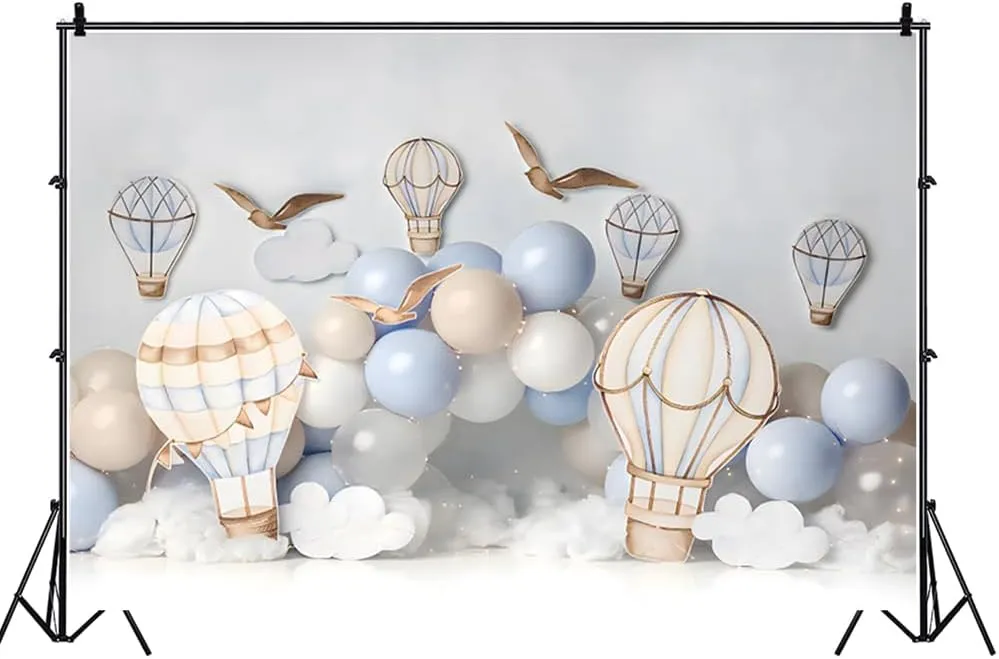 10x8ft Hot Air Balloons Backdrop Cartoon White Clouds Balloons Adventure Baby Shower Photography Background Boys Girls World Trip Birthday Party Decoration Cake Table Banner Photo Booth Prop