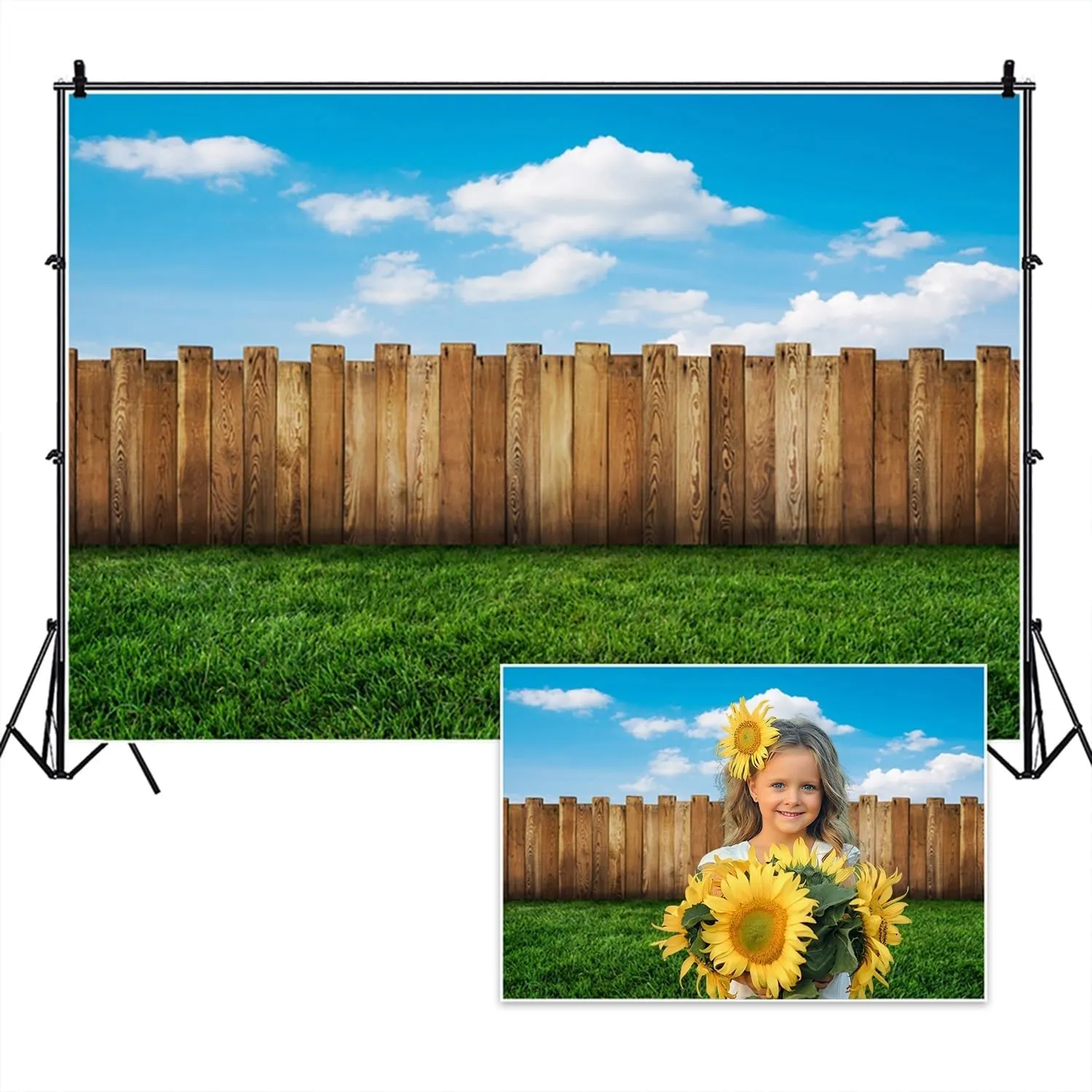 10x8ft Meadow Backdrop Green Grassland Wood Fence Blue Sky Photography Background for Baby Shower Decor Banner Spring Outdoor Picnic Vacation Holiday Tourism Portrait Photo Shoot Props