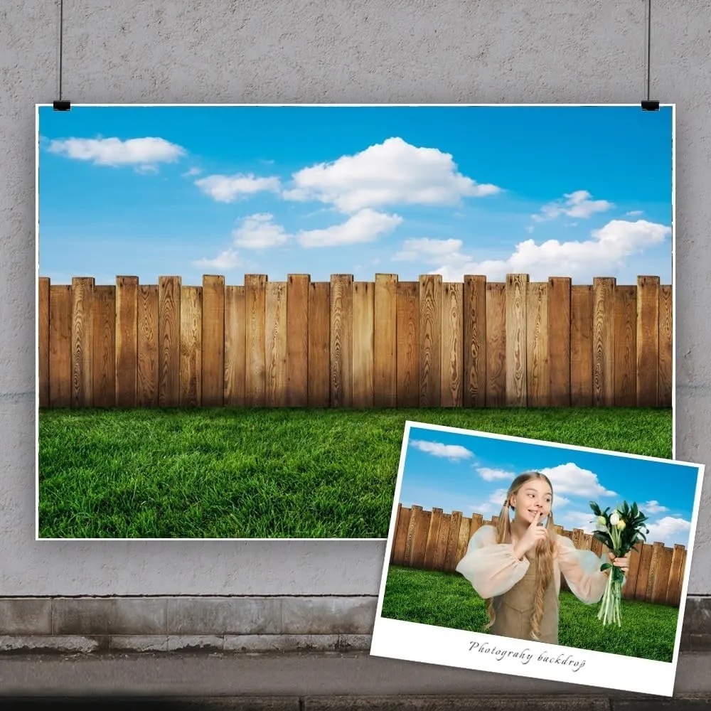 10x8ft Meadow Backdrop Green Grassland Wood Fence Blue Sky Photography Background for Baby Shower Decor Banner Spring Outdoor Picnic Vacation Holiday Tourism Portrait Photo Shoot Props