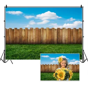 10x8ft Meadow Backdrop Green Grassland Wood Fence Blue Sky Photography Background for Baby Shower Decor Banner Spring Outdoor Picnic Vacation Holiday Tourism Portrait Photo Shoot Props