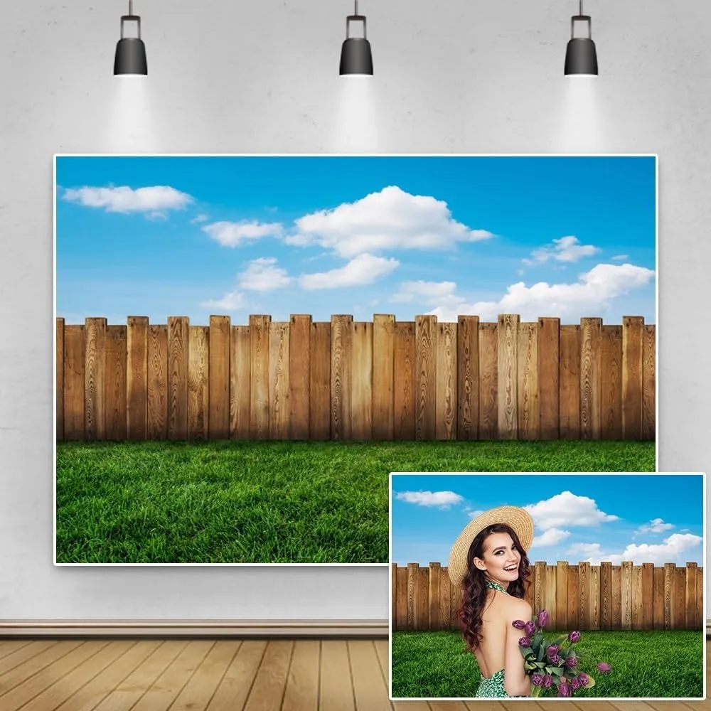 10x8ft Meadow Backdrop Green Grassland Wood Fence Blue Sky Photography Background for Baby Shower Decor Banner Spring Outdoor Picnic Vacation Holiday Tourism Portrait Photo Shoot Props